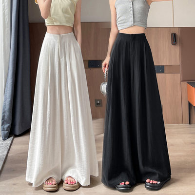 白色冰丝棉麻阔腿裤女夏