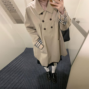 娃娃领格子拼接韩系绝美风衣外套女2026秋季新款小个子巨好看大衣