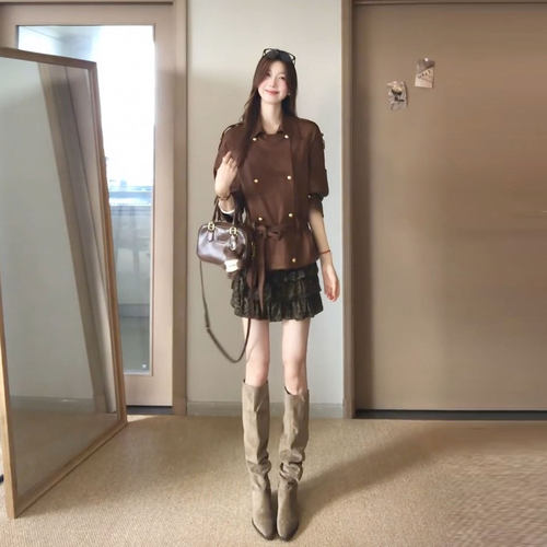 秋季韩系复古麂皮风短外套女收腰