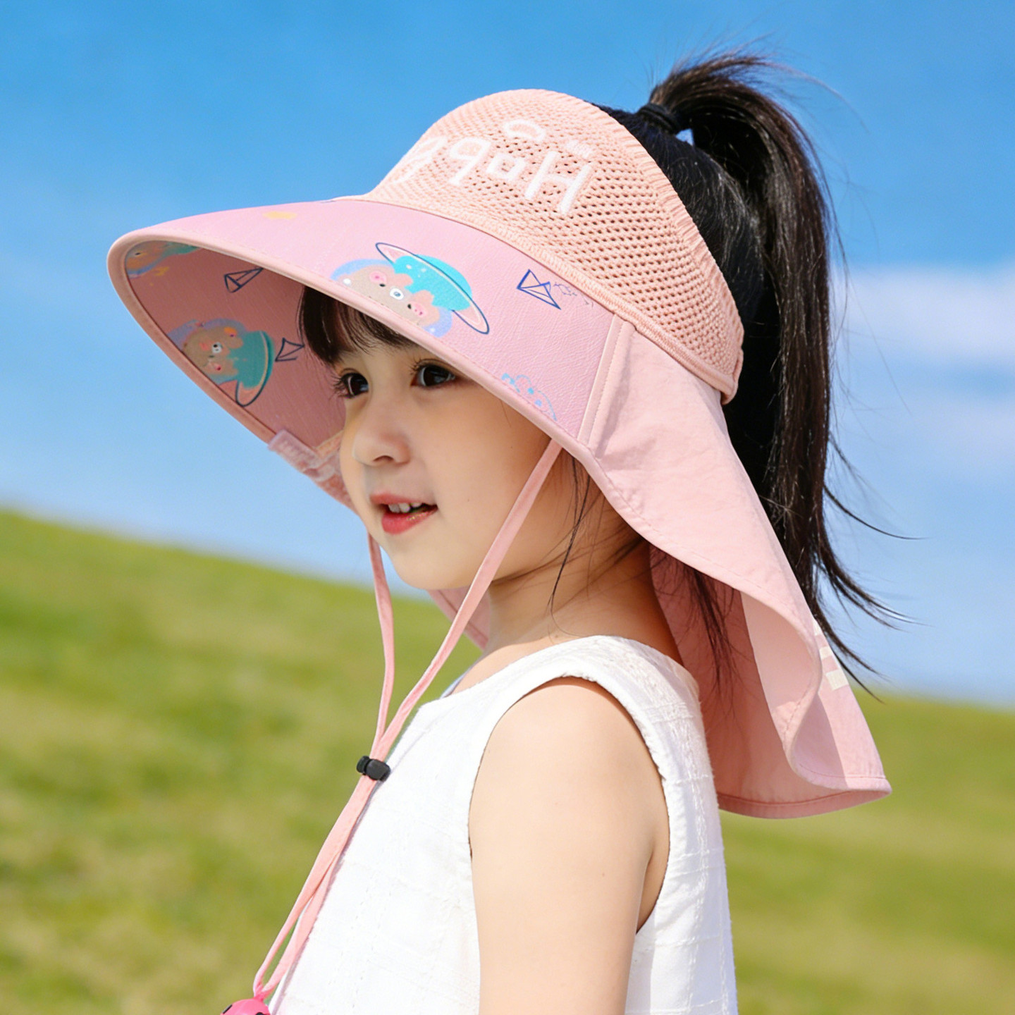 儿童防晒帽男女童夏季学生遮阳帽女孩可扎马尾透气户外空顶太阳帽