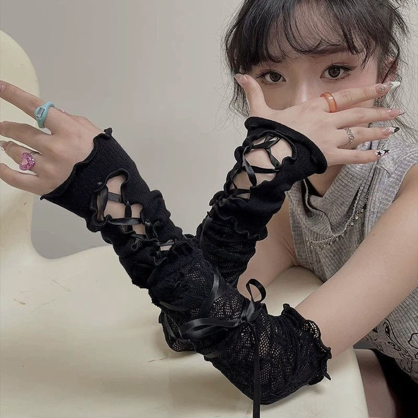 黑色长款手套lolita蕾丝手袖礼服舞蹈女士绑带袖套辣妹y2k洛丽塔