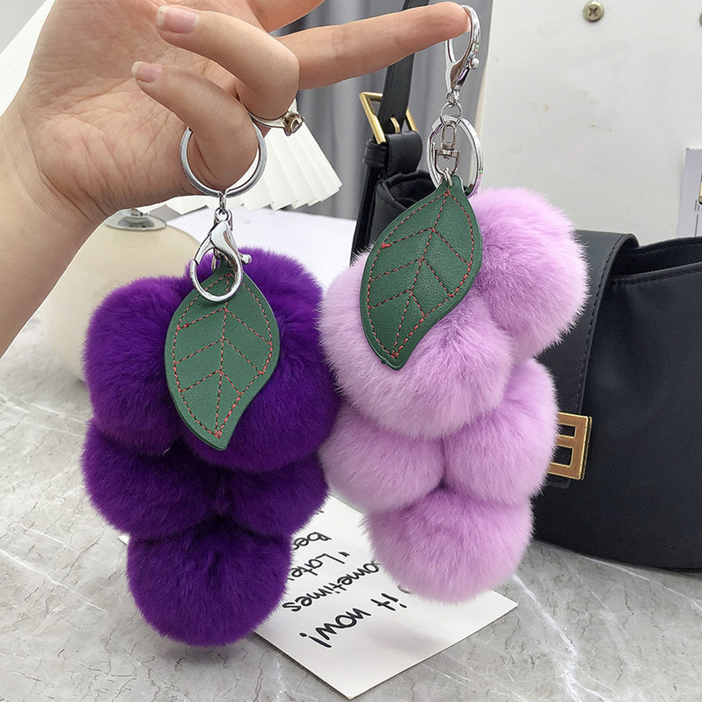 葡萄毛绒挂件超正的紫色系仿獭兔毛汽车钥匙挂件ins可爱包包挂饰