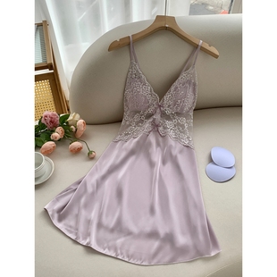 罗丽丝性感睡衣夏季蕾丝吊带睡裙夏款女带胸垫女款冰丝薄款纯欲风