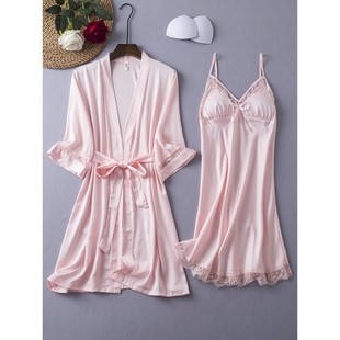 罗丽丝睡衣女夏性感冰丝薄款2025新款蕾丝吊带睡裙睡袍两件套带胸