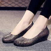 韩版 时尚 水晶果冻凉鞋 夏季 女塑料透气高跟坡跟厚底镂空防滑妈妈鞋