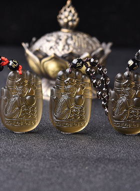 属鼠冰种黑曜石灵猴吊坠项链