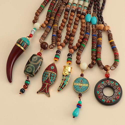 Unisex Handmade Nepal Buddhist Mala Wood Beads Pendant0