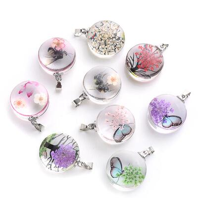 3Pcs Real Flower Butterfly Charm Transparent Round Glass Pen
