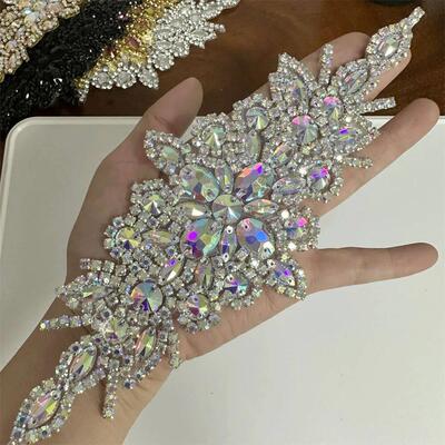 1PCS AB Silver Rhinestone Applique flower patches Iron