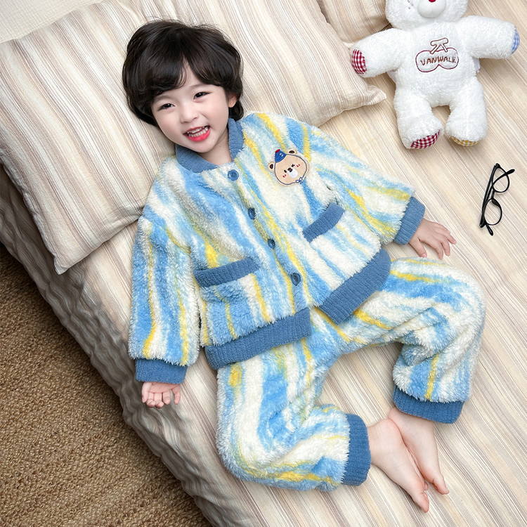儿童珊瑚绒双层冬季款2025新款睡衣男孩卡通法兰绒宝宝加厚家居服
