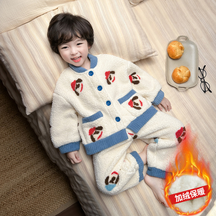 男童珊瑚绒加厚冬季款2025新款睡衣男孩卡通法兰绒宝宝双层家居服