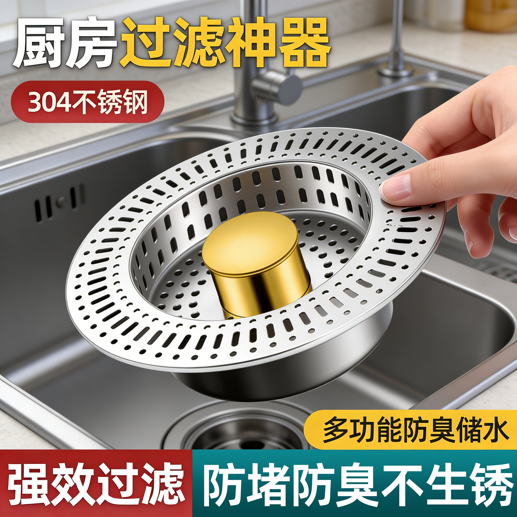 304不锈钢厨房水槽过滤网洗菜盆漏水塞洗碗池弹跳芯封口盖通用