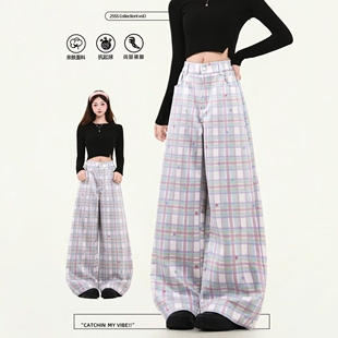 高腰宽松直筒彩绘百搭垂感拖地长裤 女新款 子 阔腿休闲裤 多巴胺美式