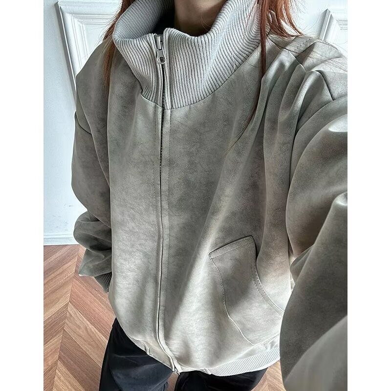 美式立领扎染PU皮衣外套男春秋季短款高级感cleanfit冬季夹棉夹克