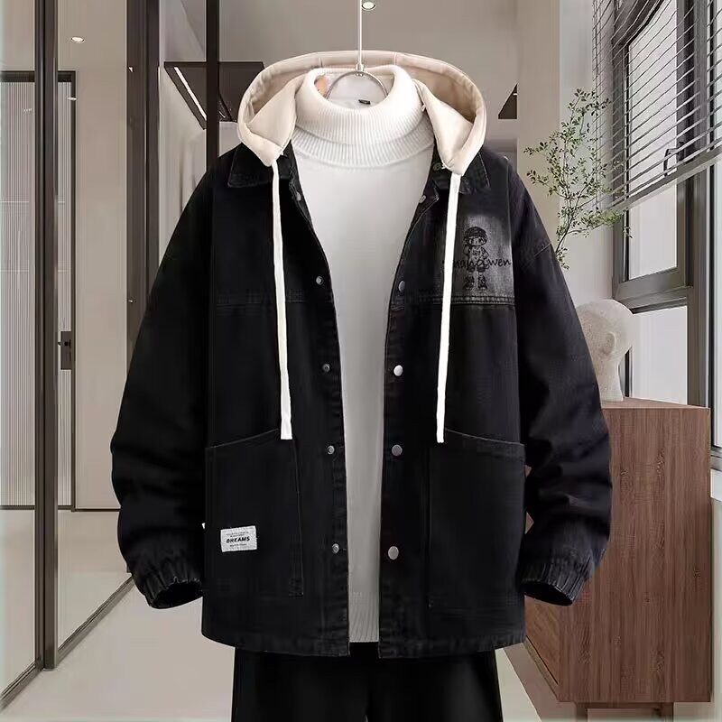 卡通印花牛仔外套男大童初高中学生棉衣服秋冬季加绒加厚保暖夹克