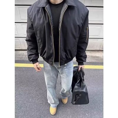 2025秋冬新款美式cleanfit外套男款春秋季翻领棒球服藏青色飞行员