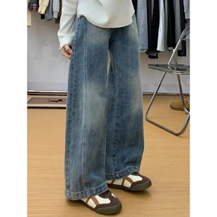 美式复古阔腿弯刀牛仔裤女夏季新款胖妹妹mm高腰显瘦遮肉直筒长裤