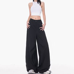 长裤 美式 高腰宽松直筒百搭垂感拖地工装 女新款 子 军绿色弯刀阔腿裤