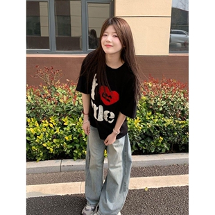 新款 T恤女夏季 230上衣三本针 复古贴布字母刺绣宽松短袖 高级感美式