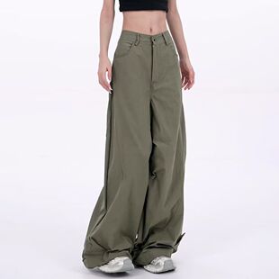 长裤 美式 高腰宽松直筒百搭垂感拖地工装 女新款 子 军绿色弯刀阔腿裤