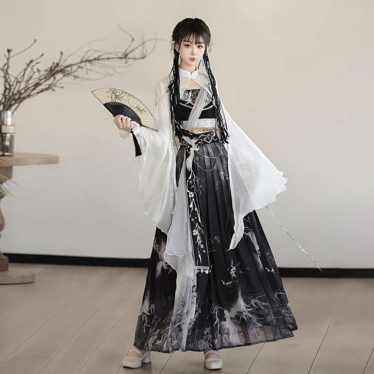 原创鹤羽汉服女中国风改良汉元素上衣胸衣半裙套装三件套汉服套装