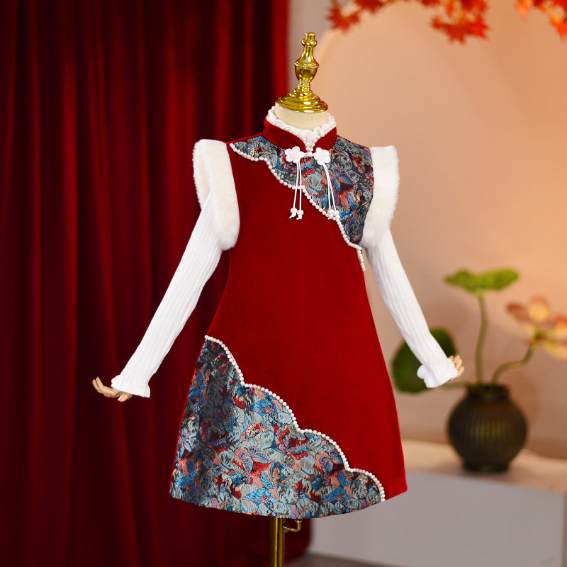 女童连衣裙冬款保暖套装中小童装旗袍儿童汉服公主裙子新中式国风