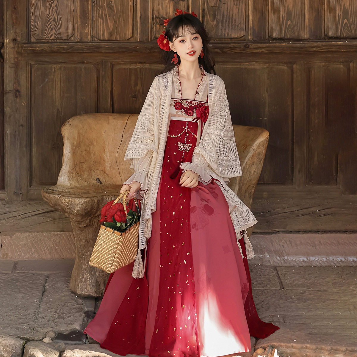 原创小春瑰汉服女中国风改良汉元素披肩上衣齐胸裙套装三件套女装