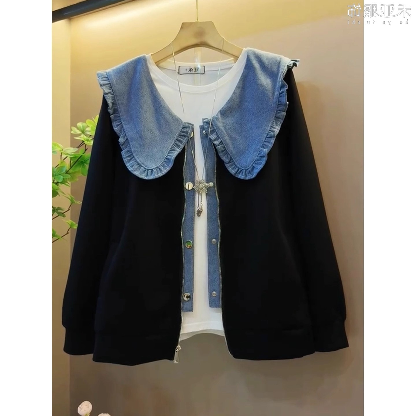 设计感洋气假两件牛仔卫衣