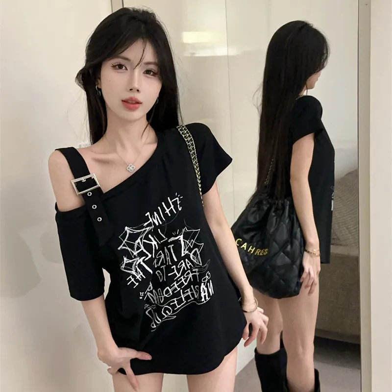 胖mm300斤特大码斜领吊带露肩纯欲短袖T恤女夏季宽松遮肉显瘦上衣