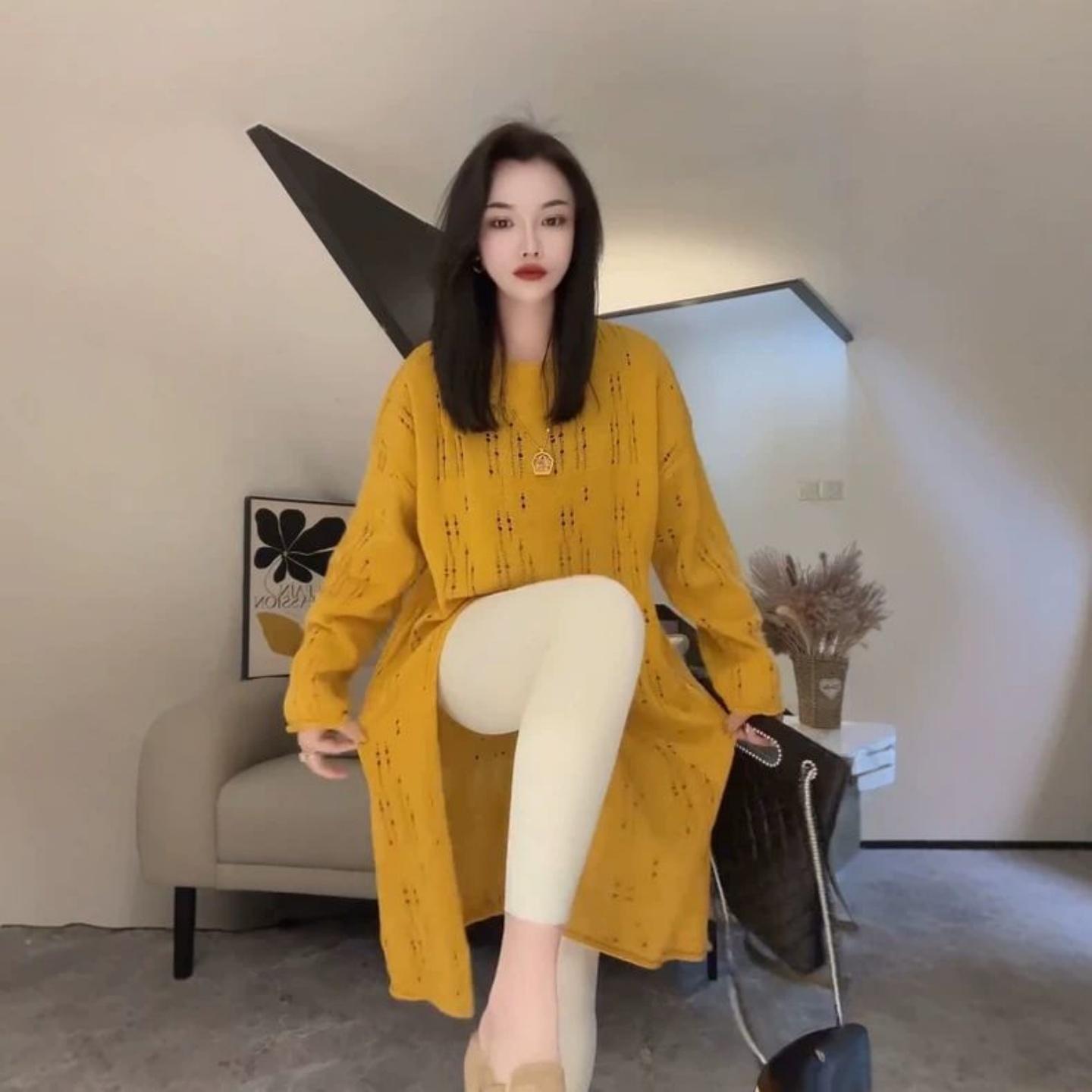 韩版中长款镂空针织衫毛衣