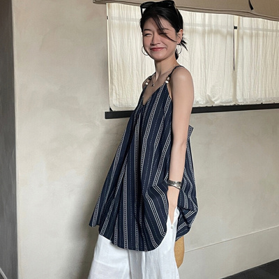 胖mm时尚气质V领条纹吊带背心女