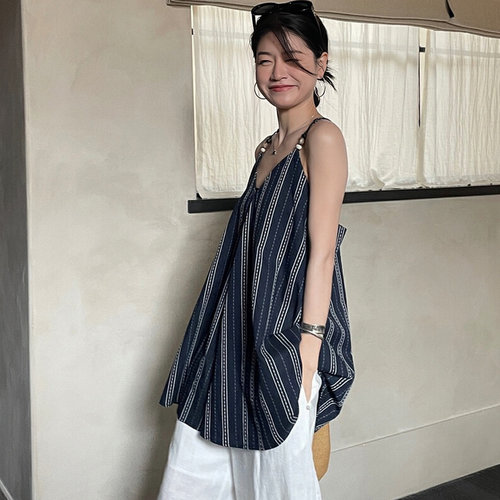 胖mm时尚气质V领条纹吊带背心女