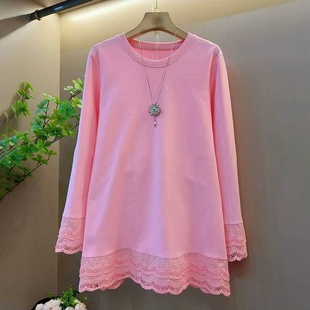 遮臀百搭胖MM长袖 中长款 蕾丝下摆拼接T恤衫 打底上衣 300斤特大码