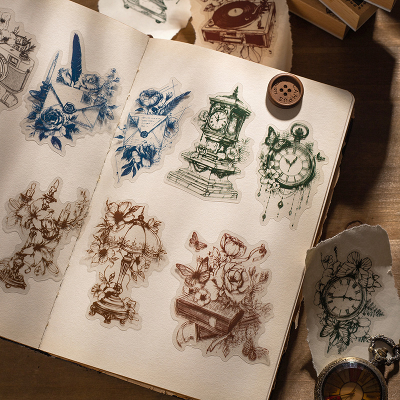 20张防水PET贴纸包 鎏金典藏系列 复古线稿主题手帐造景素材贴画