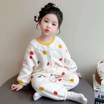 儿童睡衣秋冬季法兰绒女宝雪粒绒波点兔花边家居服套装2025新款