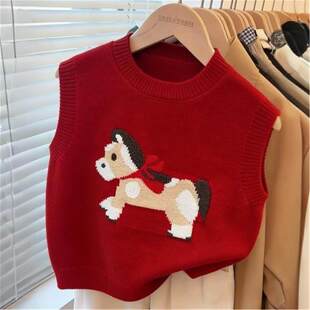 女童男童喜庆新年卡通毛衣针织衫韩系小马针织套头童装红色马甲