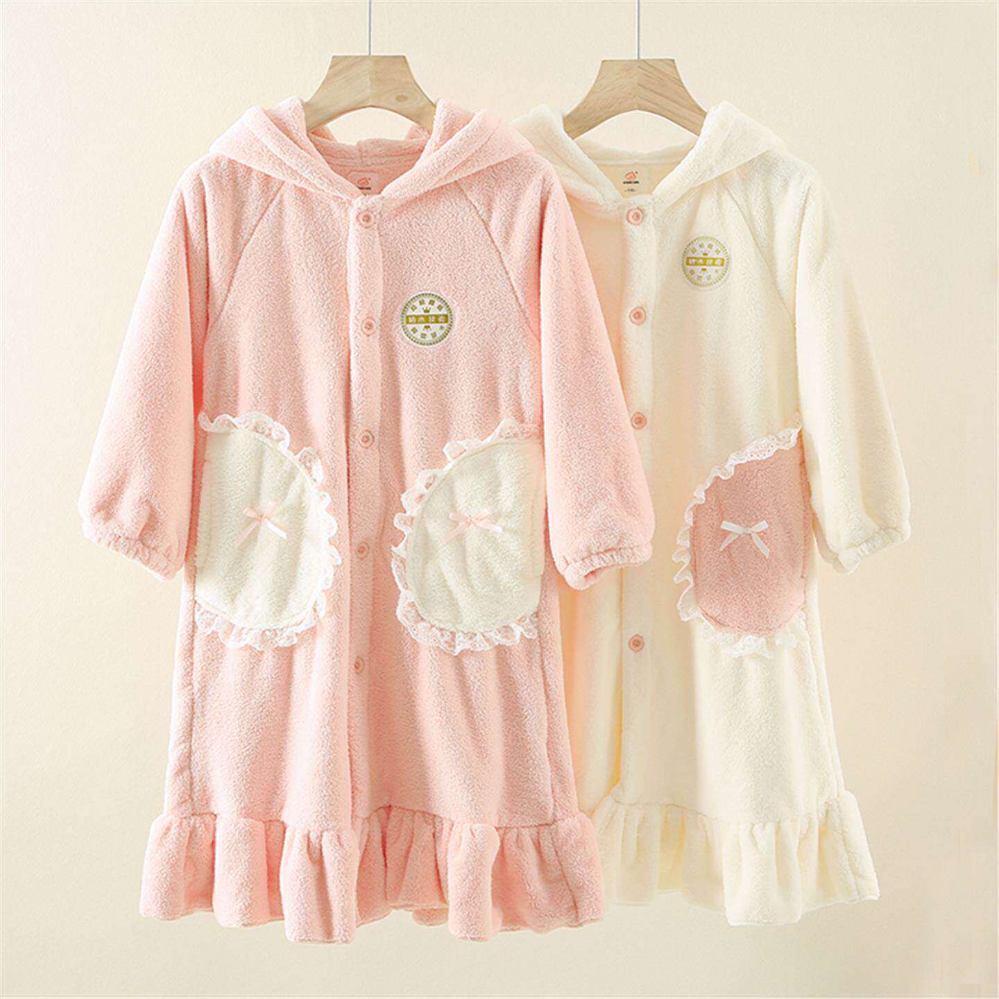 吸水速干女童浴袍秋冬加厚儿童珊瑚绒浴衣中大童宝宝长袖连帽睡袍