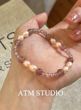 姻缘石天然水晶淡水珍珠草莓晶手串白水晶玛瑙手链桃花新中式