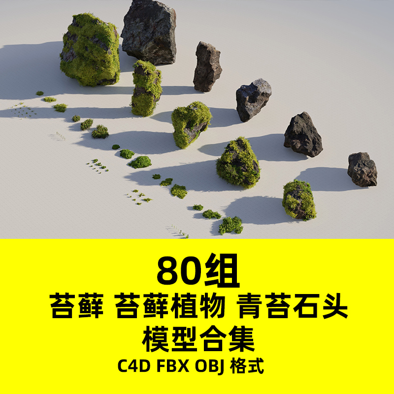 80组苔藓 苔藓植物 青苔石头C4D模型C4D FBX OBJ Blend格式