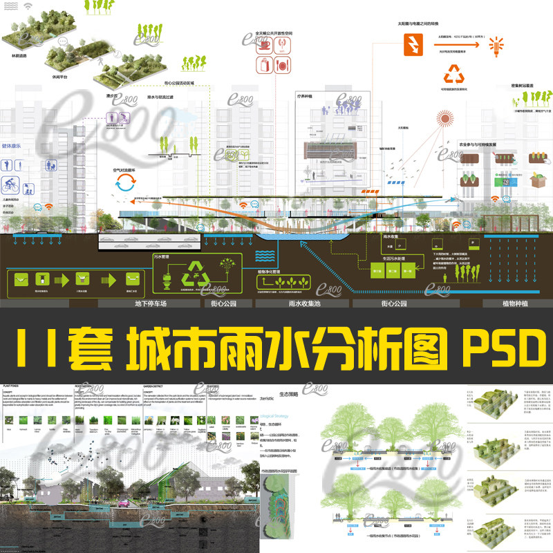 竞赛风海绵城市雨水收集ps分析图园林景观剖立面psd前期分析图