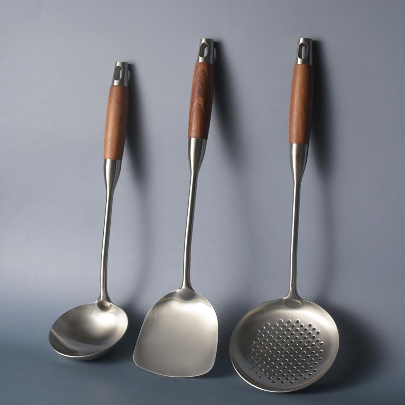 304不锈钢炒勺锅铲汤勺家用厨具 花梨木柄漏勺炒菜铲子铲勺