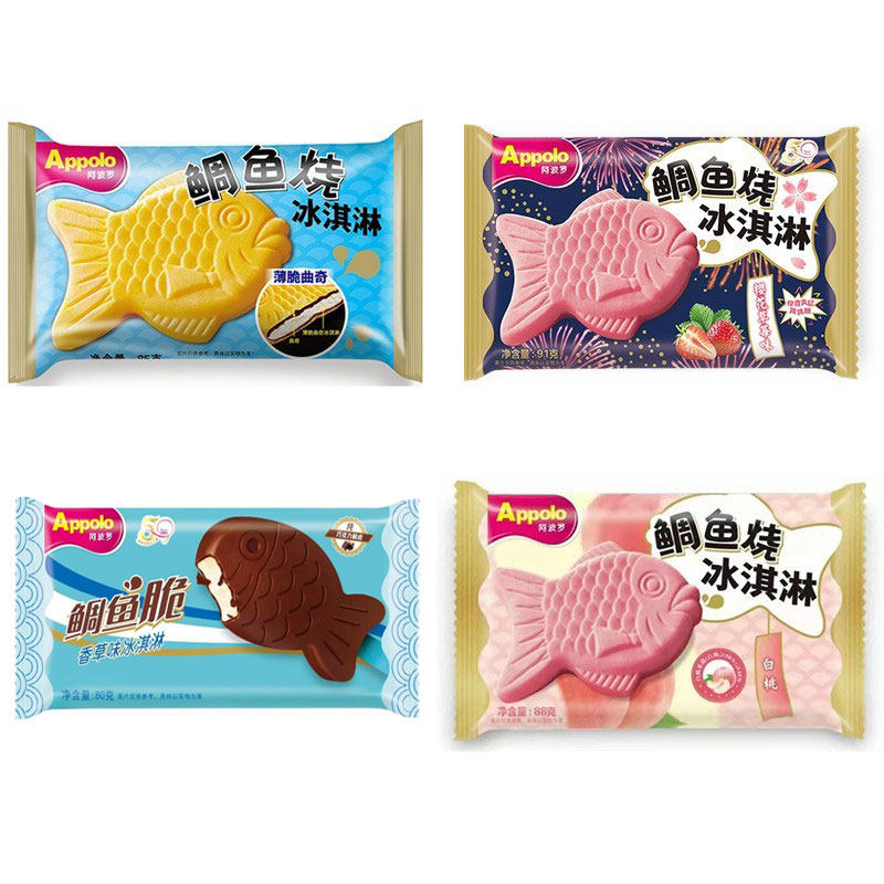 【18只】阿波罗鲷鱼烧冰淇淋85g薄脆白桃樱花曲奇3种口味雪糕包邮