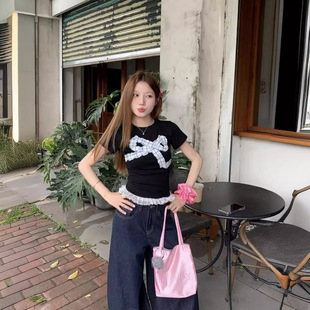 MKkelin【现货】甜美风蝴蝶结蕾丝短袖t恤小众微弹修身打底衫