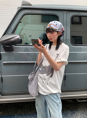 MKkelin【现货】2024夏季ins复古猫咪印花t恤宽松短袖上衣女个性