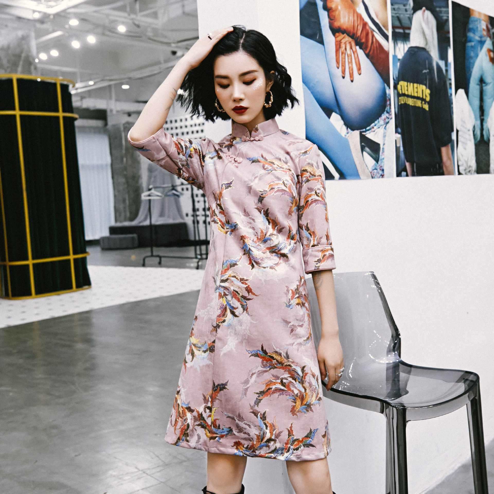 锦绣坊2020新款麂皮绒改良旗袍修身a版五分倒大袖日常少女连衣裙