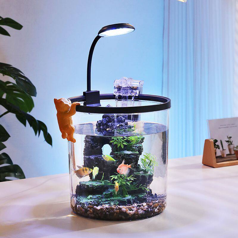 圆形鱼缸氧气泵过滤器一体小型桌面超白缸造景透明带灯家用金鱼缸