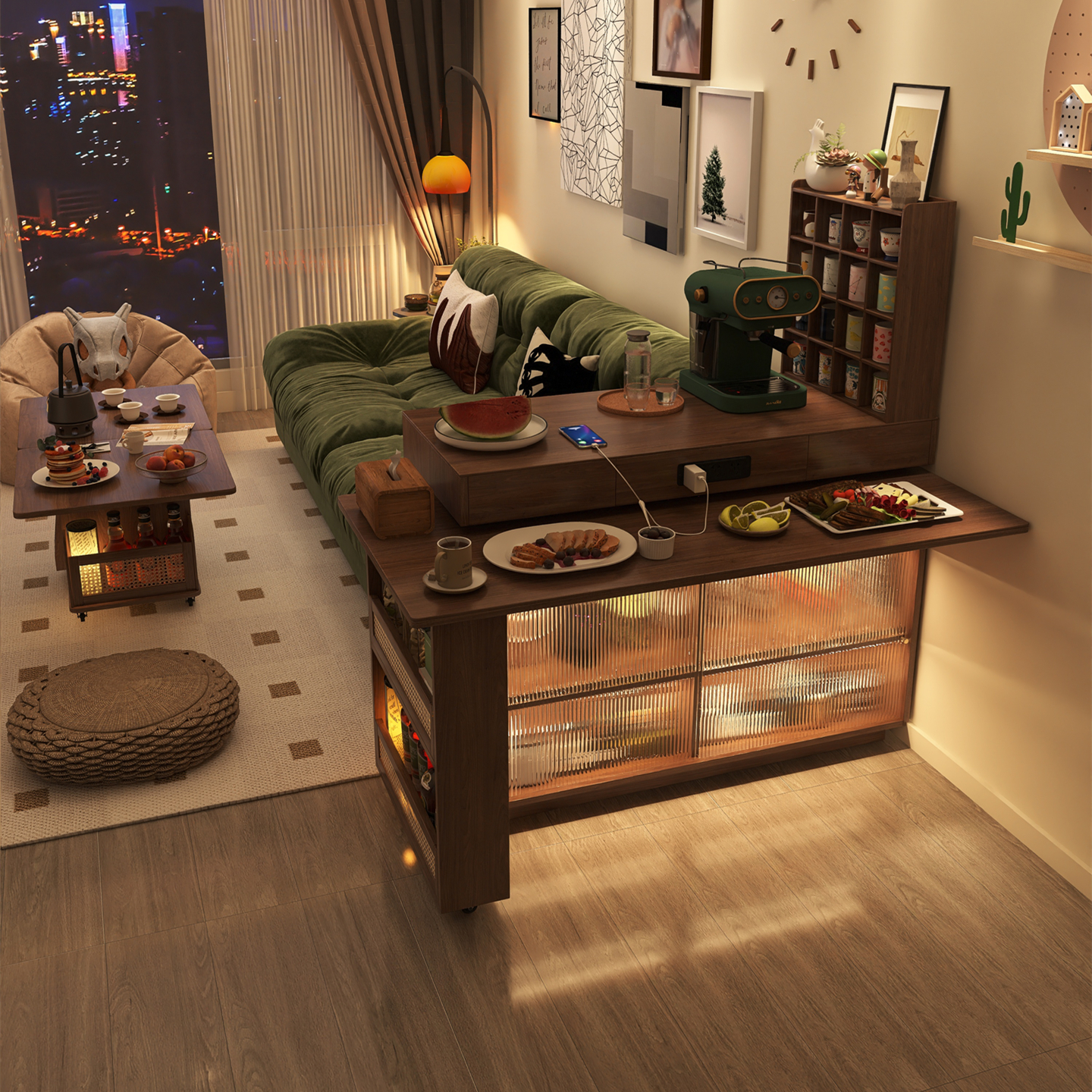 奢屋家具实木旋转岛台餐桌一体家用伸缩小户型多功能复古风吧台桌