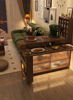 奢屋家具实木旋转岛台餐桌一体家用伸缩小户型多功能复古风吧台桌