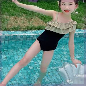 女童拼色泳衣夏季2024新款儿童女孩游泳服女宝宝夏款露肩连体泳装