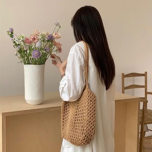 钩针编织镂空网格l手提单肩水桶包diy编织包送女朋友材料包手拎包